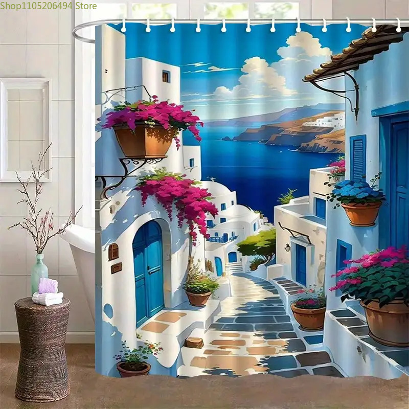 Home Decor Design Ideas - Santorini Greek Island Shower Curtain Blue